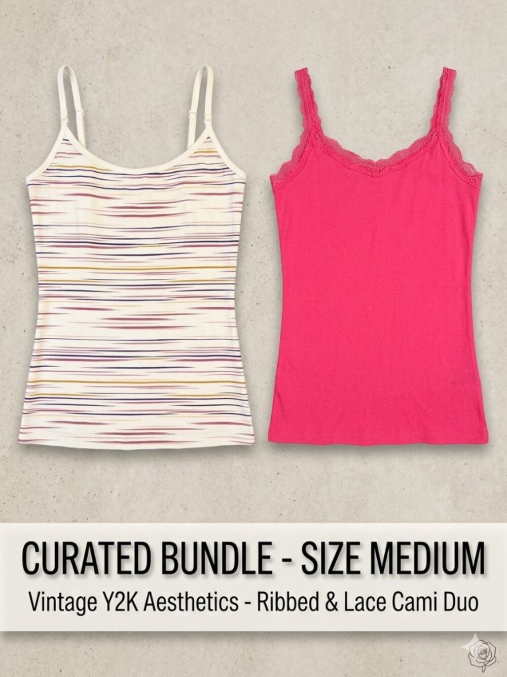 Y2K Aesthetic Medium Tank Top Set Faded Glory Lace Cami SO Rainbow Striped Tank